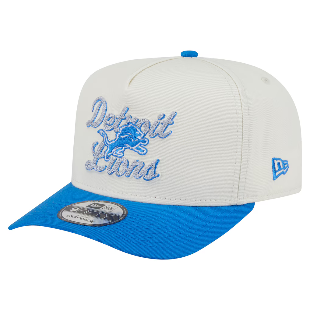 Detroit Lions New Era Chainstitch A-Frame 9FIFTY Adjustable Hat - Cream/Blue